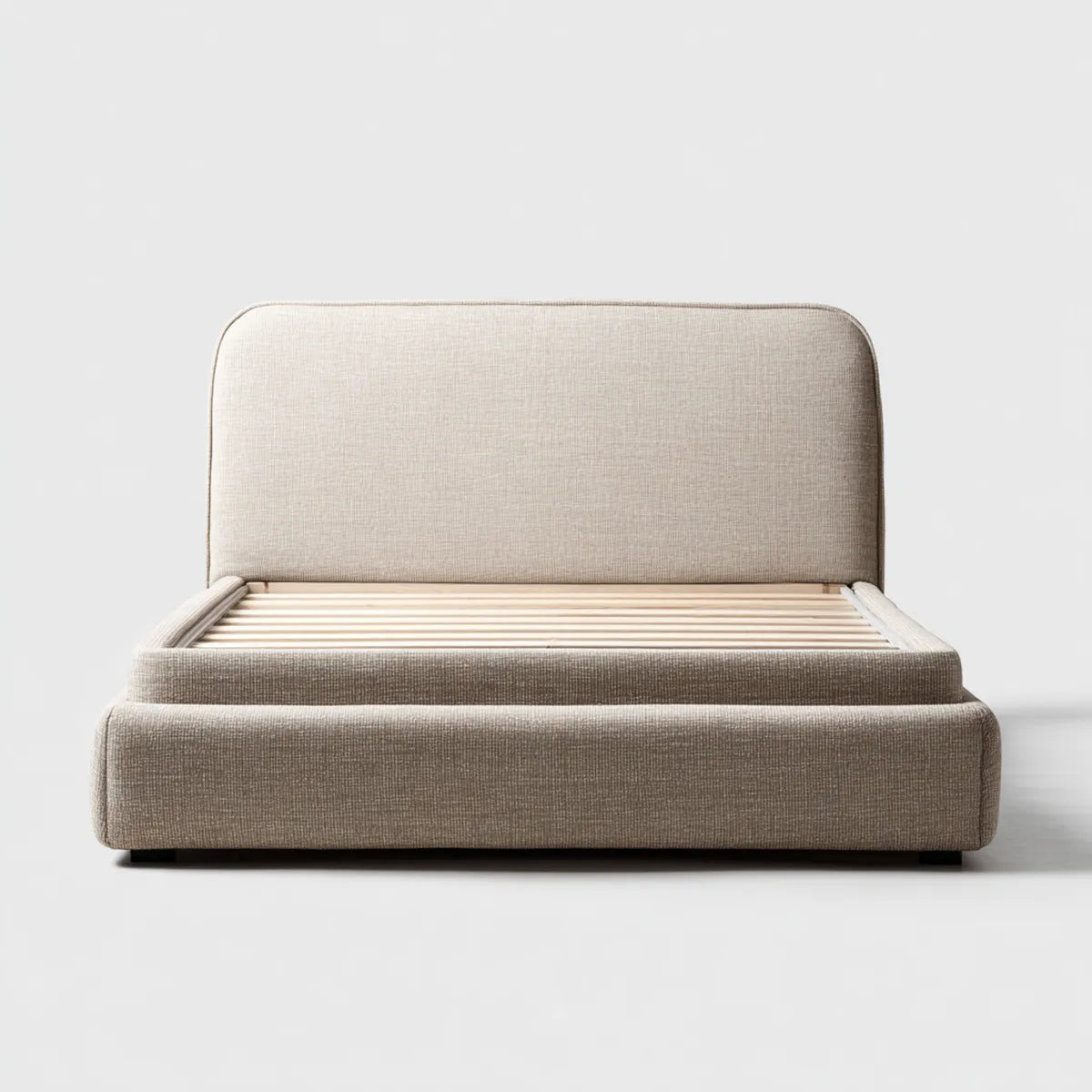 Letto matrimoniale imbottito beige 160 x 200 cm con rete a doghe e testiera arrotondata in poliestere