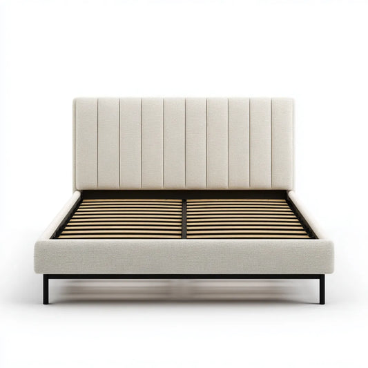 Letto matrimoniale imbottito beige 160 x 200 cm con testiera verticale in poliestere forma rettangolare