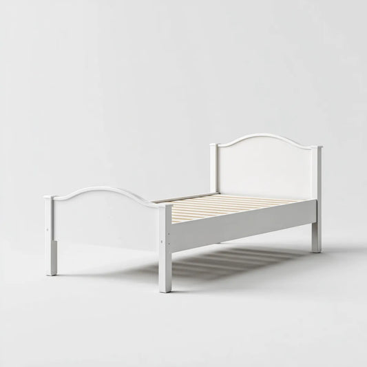 Letto singolo bianco 90 x 200 cm in legno massello di pino con rete a doghe e testiera sagomata