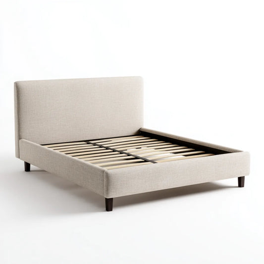 Letto matrimoniale imbottito beige con rete a doghe 160 x 200 cm in poliestere e multistrato rettangolare