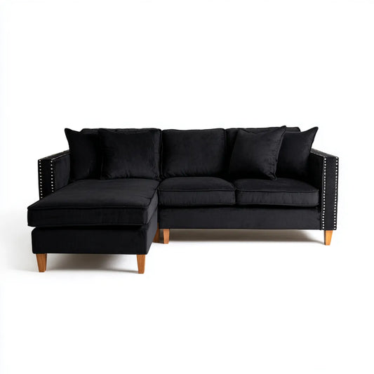Divano angolare con chaise longue sinistra nero in velluto di poliestere 230 x 150 x 85 cm con struttura a L