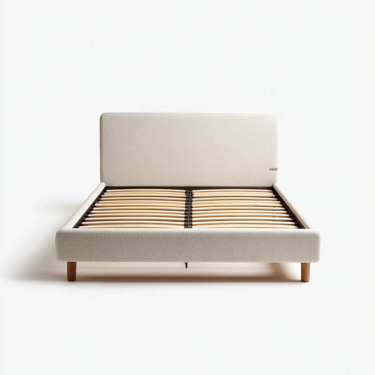 Letto matrimoniale con rete a doghe beige 160 x 200 cm in poliestere MDF e legno massello di caucciù rettangolare