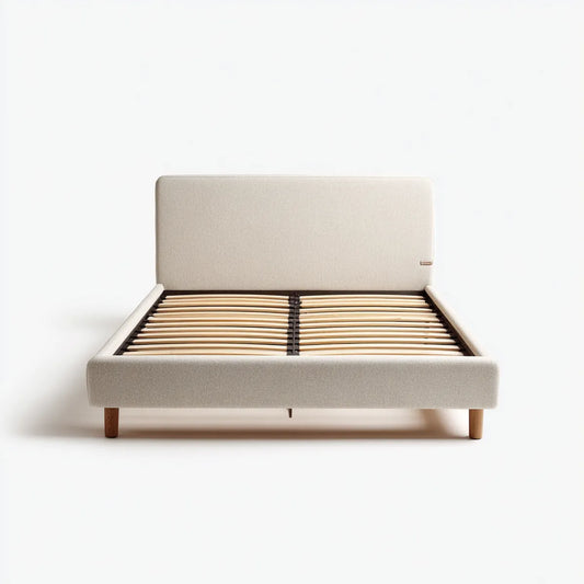 Letto matrimoniale con rete a doghe beige 160 x 200 cm in poliestere MDF e legno massello di caucciù rettangolare