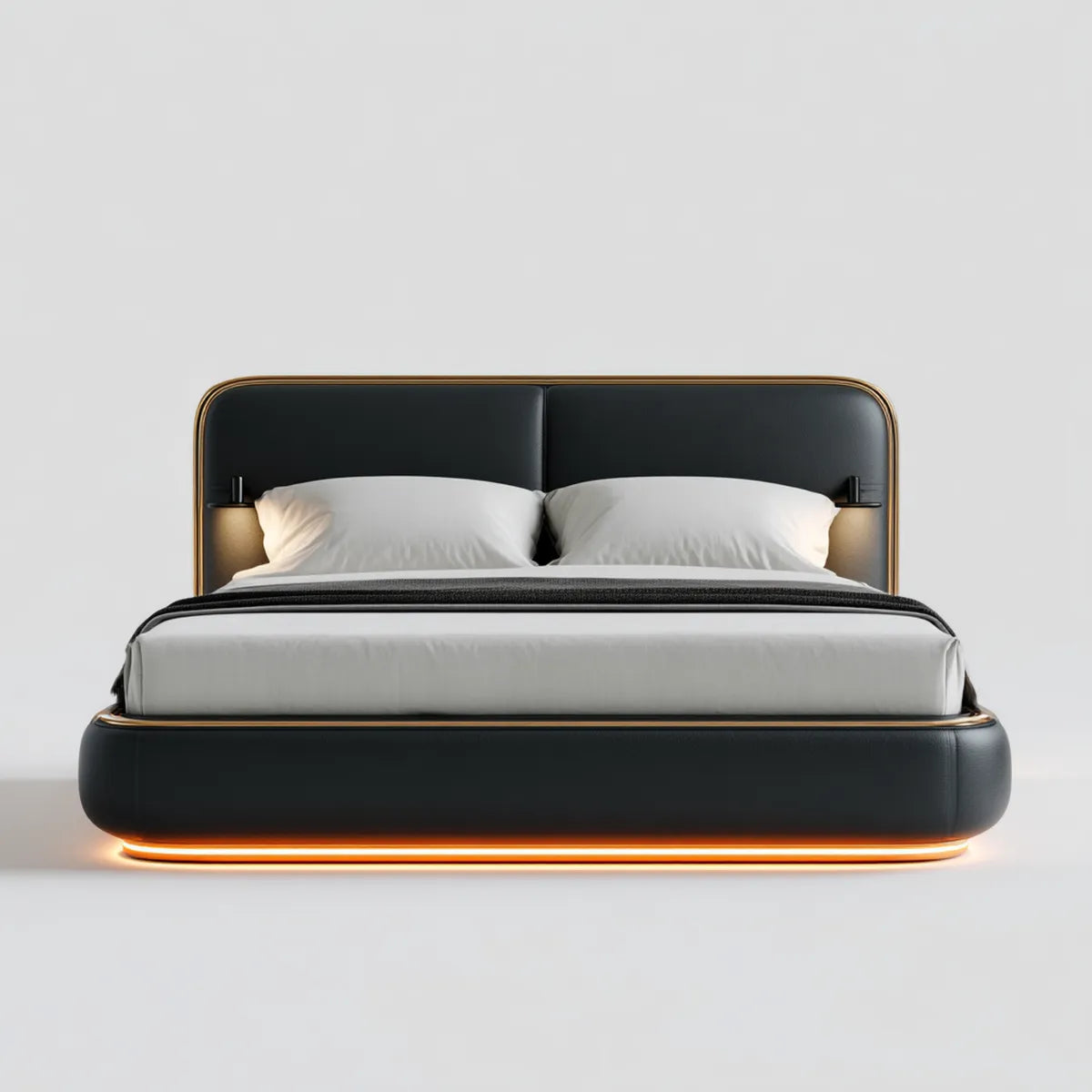 Letto matrimoniale imbottito nero 160 x 200 cm in pelle sintetica PU con testiera curva e illuminazione LED
