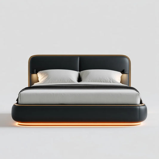 Letto matrimoniale imbottito nero 160 x 200 cm in pelle sintetica PU con testiera curva e illuminazione LED