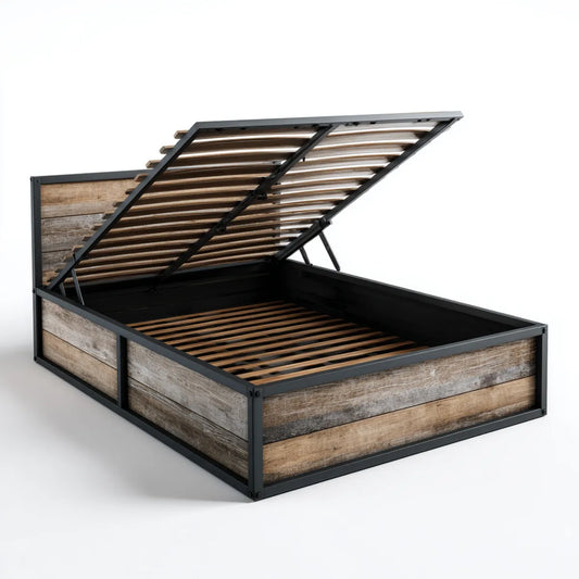 Letto contenitore matrimoniale 160 x 200 cm marrone e nero in acciaio e pino massello rettangolare