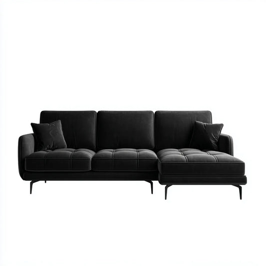 Divano angolare 3 posti nero in velluto di poliestere con chaise longue reversibile 250 x 160 x 85 cm