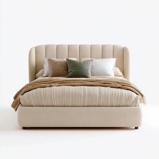Letto matrimoniale imbottito beige 160 x 200 cm in poliestere con testiera arcuata