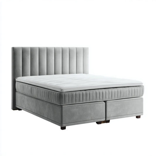 Letto matrimoniale boxspring grigio 180 x 200 cm in poliestere con testiera rettangolare imbottita e materasso