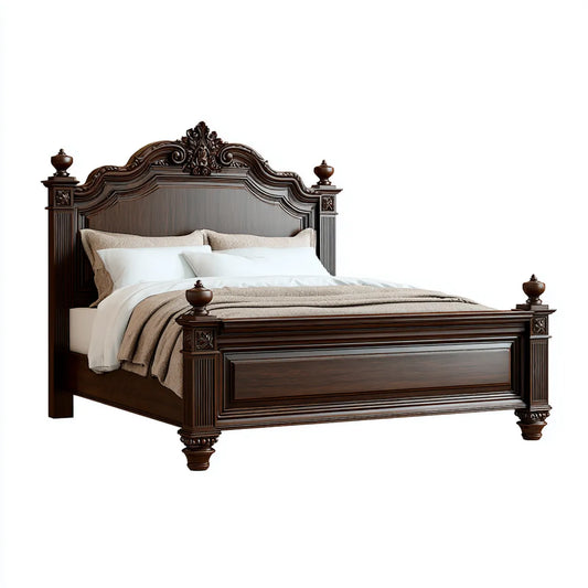 Letto matrimoniale 180 x 200 cm marrone scuro in legno massello rettangolare con testiera intagliata